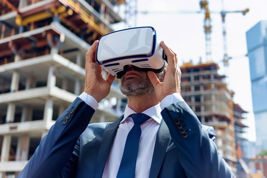 Businessman holding a virtual reality headset, preparing to inspect a construction project digitally, symbolizing innovation photo