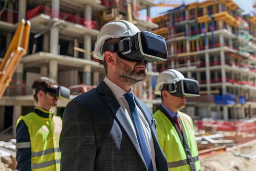 Businessman with a team using VR headsets to visualize a construction site, highlighting innovative technology photo