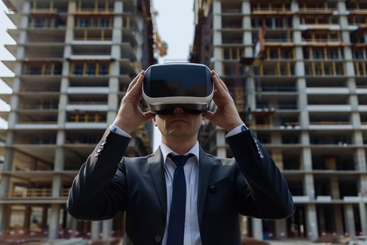 Businessman holding a virtual reality headset, preparing to inspect a construction project digitally, symbolizing innovation photo