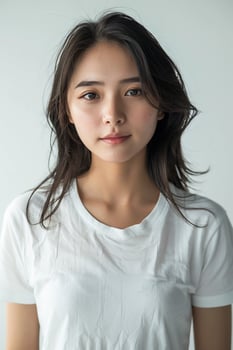 Portrait of a stunning Asian girl in a white t-shirt, radiating a sexy smile, minimalist white background, professional studio shot photo