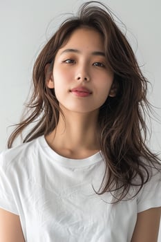 Young Asian woman wearing a simple white t-shirt, exuding confidence and a sexy smile, white background, detailed close-up photo