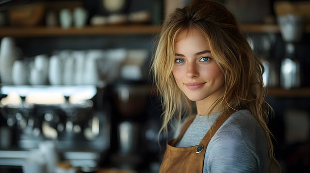 Barista in a trendy cafe, carefully serving a hot coffee, symbolizing her dedication to her growing business. photo