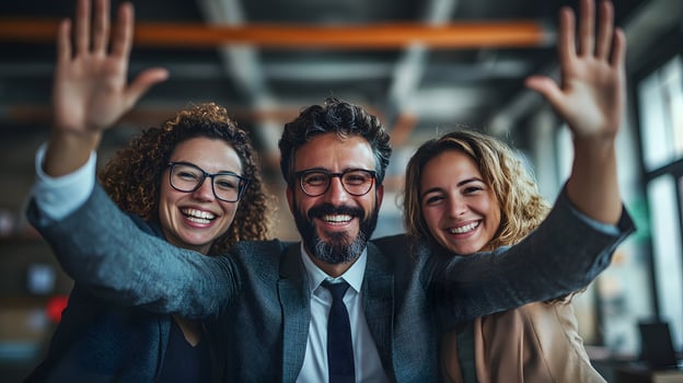 A group of business professionals gathered in an industrial loft office, hands on the table, preparing for an appointment with cheerful spirits photo
