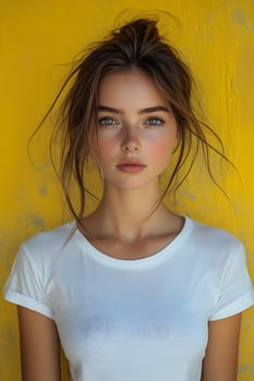 Close-up shot of a young woman in a white t-shirt with a yellow blurred background, showcasing clothing for brand presentation. photo