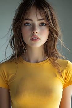 Stylish young woman in a yellow t-shirt, top half body, looking at the camera with a white blurred backdrop for fashion display. photo