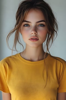 Young woman wearing a yellow t-shirt, top half body shot, with a white soft blur background, for clothing brand presentation. photo