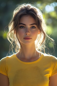 White blur background with a young woman in yellow t-shirt, top half body, looking directly at the camera. photo