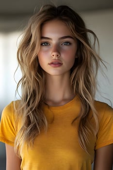 Portrait of a young woman in yellow t-shirt, top half body, facing forward with a white blurred background. photo