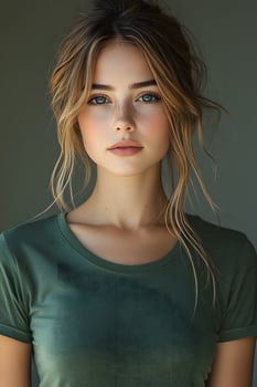 Top half portrait of a young woman in a green t-shirt, looking directly at the camera with a white blurred background. photo