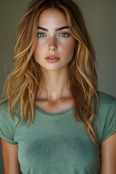 White blur background with a young woman in a green t-shirt, top half body, looking directly at the front camera. photo