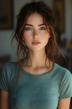 Top half portrait of a young woman in green t-shirt, looking directly at the front with a white blur background. photo