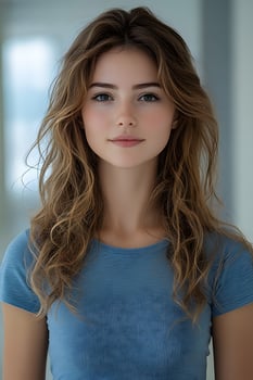 Portrait of a young woman in blue t-shirt, top half body, facing forward with a white blurred background. photo