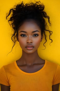 Top half body image of a woman in an orange t-shirt, looking straight ahead, with a yellow soft blur background. photo