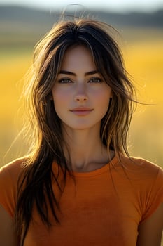 Young woman in an orange t-shirt, top half body portrait, facing the camera with a clean yellow blurred background. photo