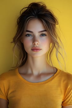 Yellow blur background with a young woman in an orange t-shirt, top half body, looking directly at the front camera. photo