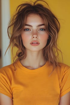 Top half portrait of a young woman in an orange t-shirt, looking directly at the front with a yellow blur background. photo