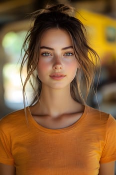 Top half portrait of a young woman in an orange t-shirt, looking directly at the front with a yellow blur background. photo