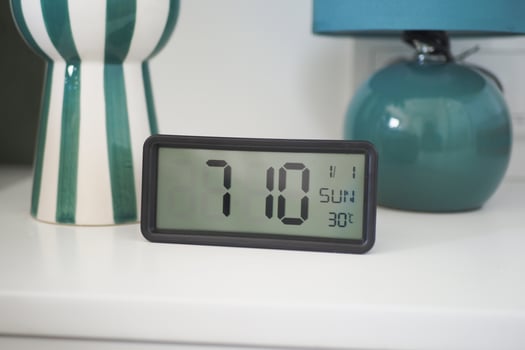 A Vibrant Decorative Arrangement Featuring a Modern Clock Surrounded by Lush Plants photo