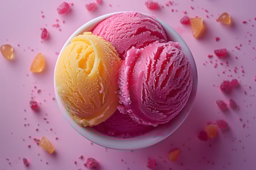 Vibrant Summer Dessert Bowl of Colorful Sorbet on Pink Background photo