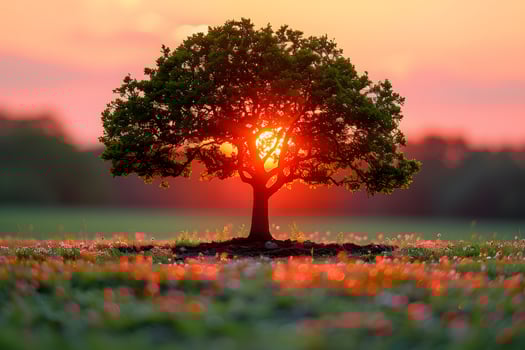 Solitary Oak at Sunset in Blossoming Meadow for Nature and Tranquility Themes photo