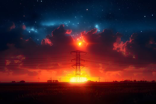 Dramatic Sunset with Silhouette of Transmission Tower and Wind Turbines Under Starry Sky photo