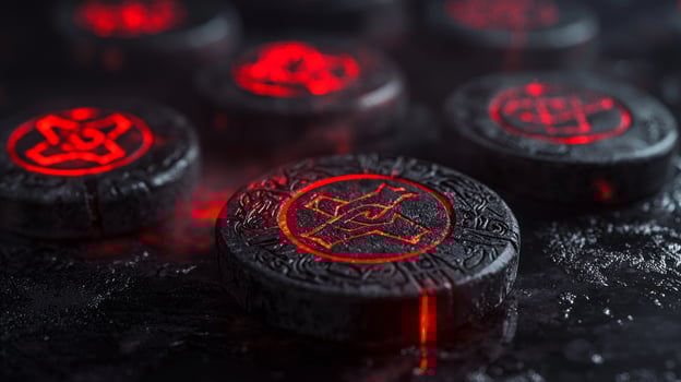 Intricately carved protective runes emitting a vibrant red glow create a striking visual contrast against a dark surface highlighting ancient symbols and craftsmanship. photo