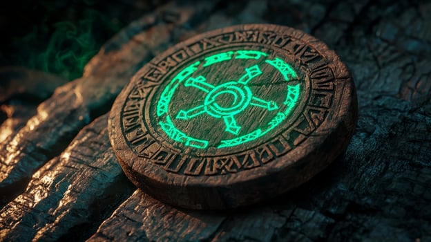 detailed depiction of protective runes made from brown wood glowing with a green light showcasing intricate designs on a rustic surface. photo