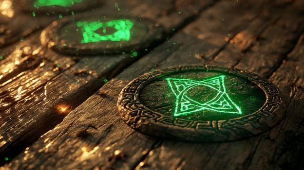 focus is on a set of protective runes crafted from brown wood glowing with a mystical green light on a rustic wooden background showcasing detailed craftsmanship. photo