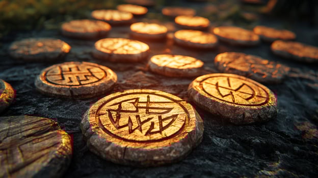 Wooden chips bearing intricate protective runes are arranged on the ground glowing softly in the warm sunlight during a tranquil outdoor moment. photo