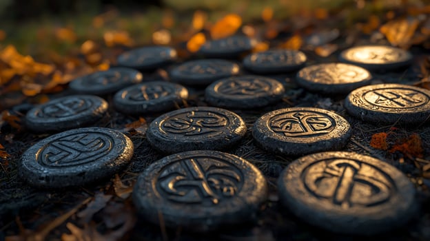 Multiple rune chips featuring intricate designs are scattered across a forest floor surrounded by vibrant autumn leaves as the sun sets casting a warm glow. photo