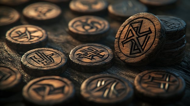 composition features a variety of handcrafted protective rune chips made from wood each displaying unique symbols in rich detail arranged on a textured surface. photo