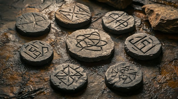 Carved stones showcase various protective runes arranged on a rugged surface highlighting intricate details and ancient symbols that suggest mystical significance. photo