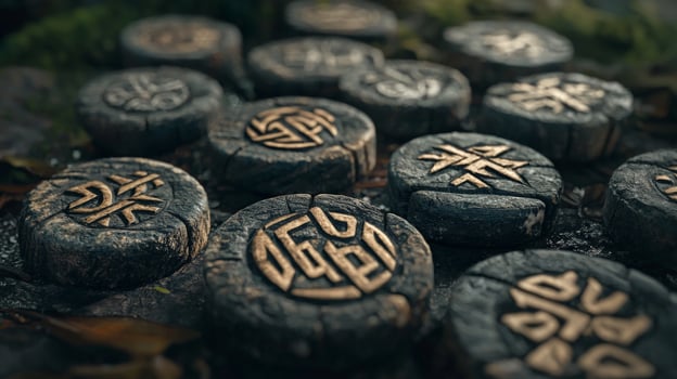 rune chips display beautifully carved protective symbols nestled on a bed of earth reflecting ancient traditions and craftsmanship surrounded by nature. photo