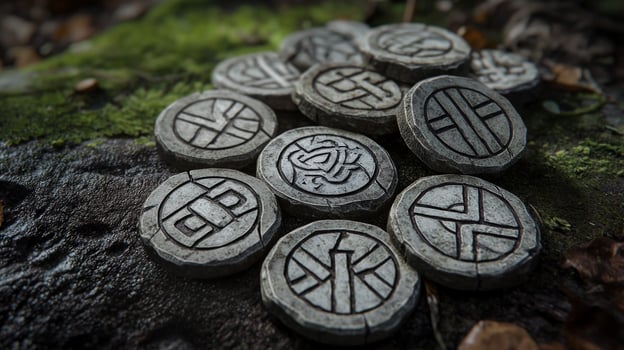 collection of intricate rune chips arranged on a bed of vibrant moss showcasing detailed engravings under soft dappled light from above evoking a mystical atmosphere. photo