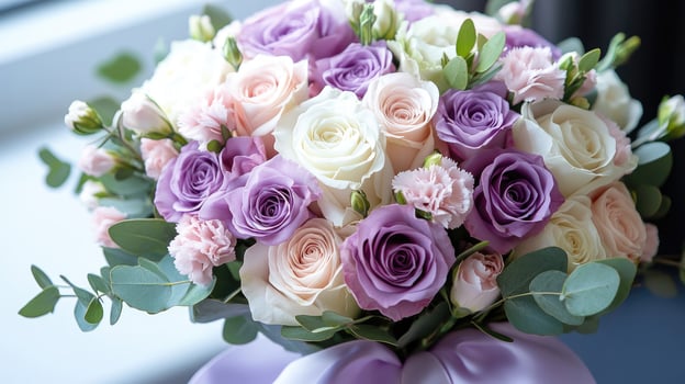 Bouquet of white, peach and lavender roses lying on table photo