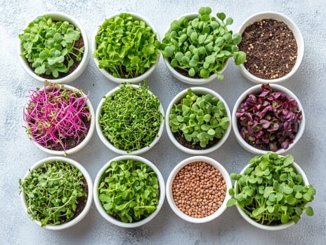 Microgreens growing in pots forming a pattern photo