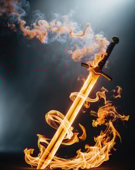 Sword on fire with smoke and flames photo