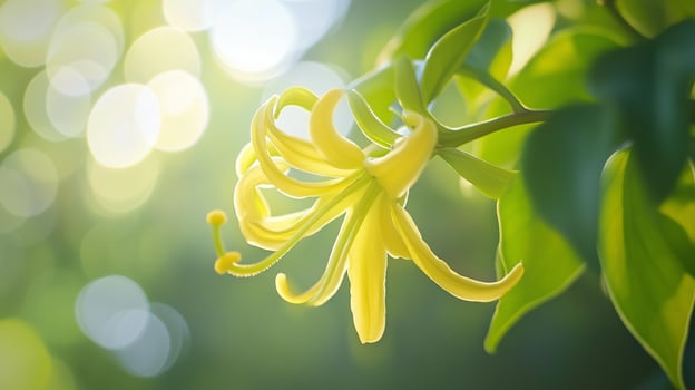 Ylang ylang aromatic flower vibrant sun light nature blurred background photo