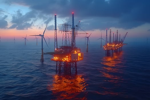 Offshore Wind Turbines and Oil Rigs at Sunset for Renewable Energy and Industry photo