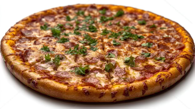 Delicious pepperoni pizza garnished with vibrant green herbs, fresh and inviting photo