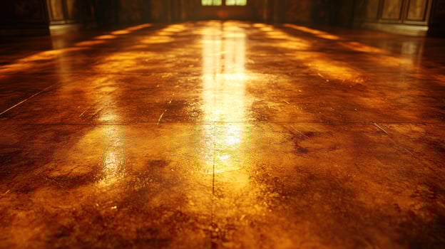Warm sunlight fills the room, illuminating the rich textures of the wooden floor photo