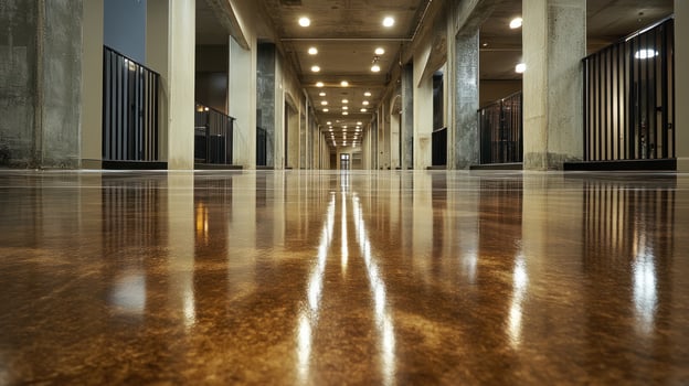 Polished concrete flooring reflects warm lights in a modern urban corridor photo