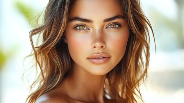 A young woman with glowing skin and vivid green eyes poses naturally in warm sunlight photo