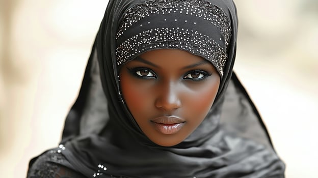 The young woman exudes elegance and strength while dressed in a chic black hijab photo