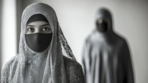 Two figures in elegant traditional dress stand quietly, exuding an air of mystery photo