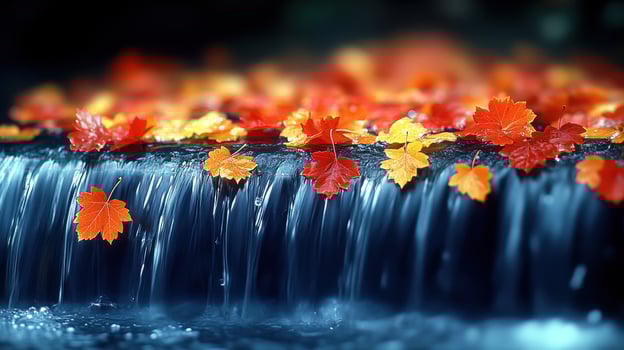 Bright orange and red leaves float on a tranquil waterfall surrounded by nature photo