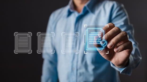 man touch screen to manage data,Document Management System DMS,knowledge and documentation in enterprise with ERP.online documentation database and process automation to efficiently manage files. photo