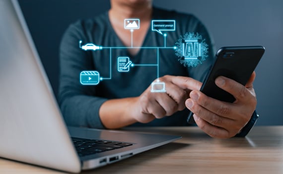artificial intelligence generates technology concept. a person uses AI chip tech big data business process strategy, and smart customer service management. Digital transformation change management. photo