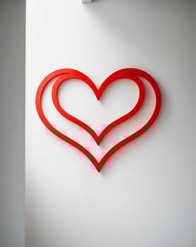A red heart shaped sign on a white wall photo