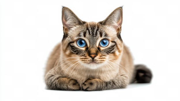 A playful cat with striking blue eyes relaxing on a white background indoors photo